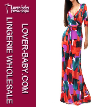 Woman Fashionable V-Neck Long Sleeve Maxi Long Gown Dress (L51208-3)